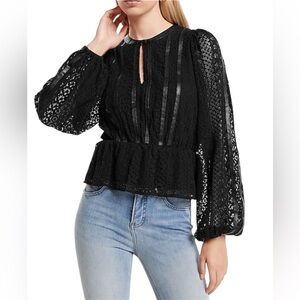 Express Black Long Sleeve Lace Peplum Top with faux leather details size Small